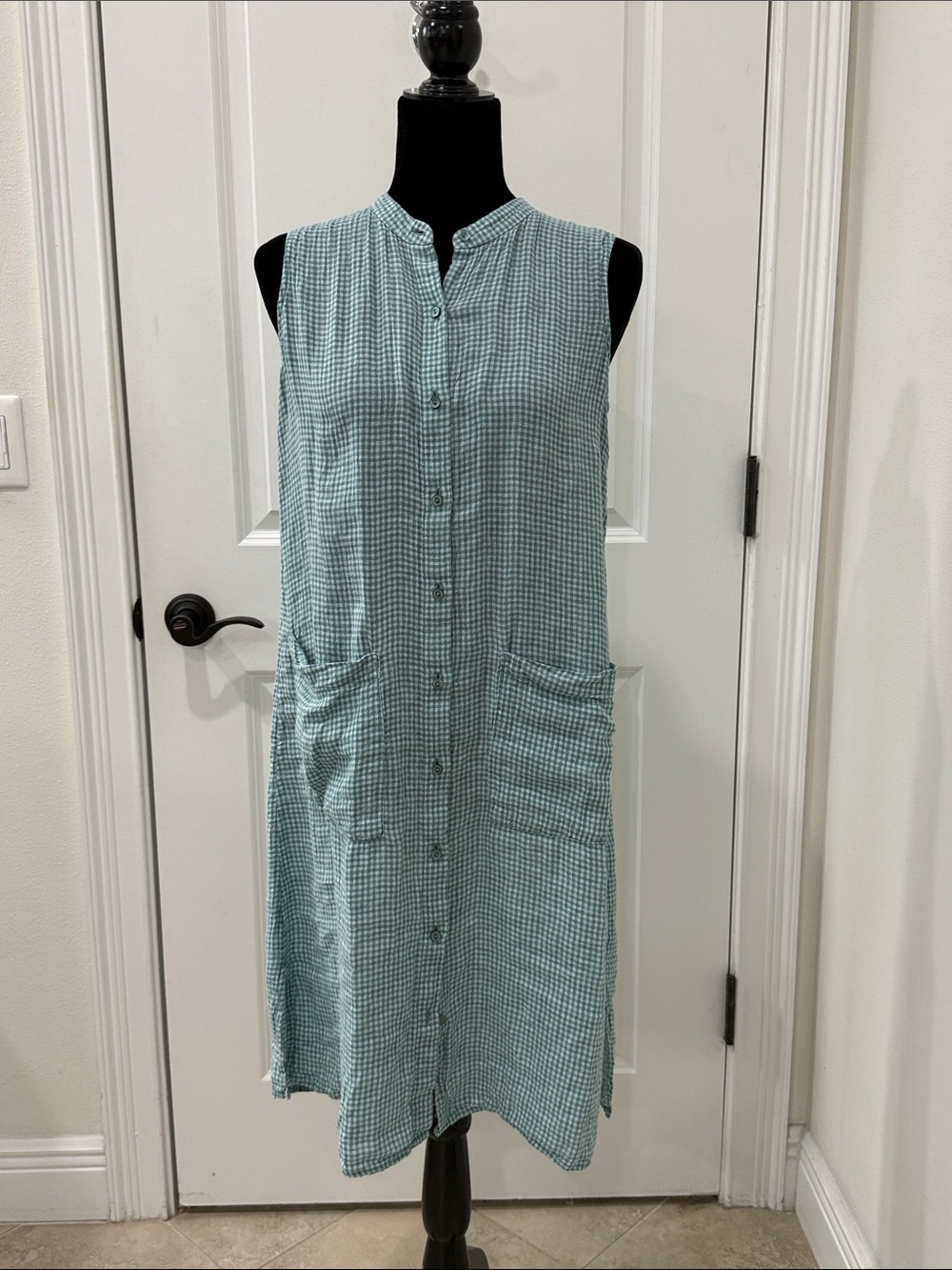 Eileen Fisher 100% organic Linen Sleeveless Gingham Dress in Light Teal XS